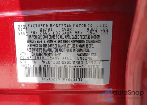 2021 Nissan Sentra Sv Xtronic Cvt из США, поврежденный, VIN 3N1AB8CV9MY265891